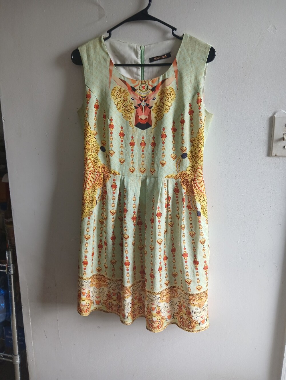 Roberto Cavalli Mint Green Sleeveless Dress with Gold and Orange Print